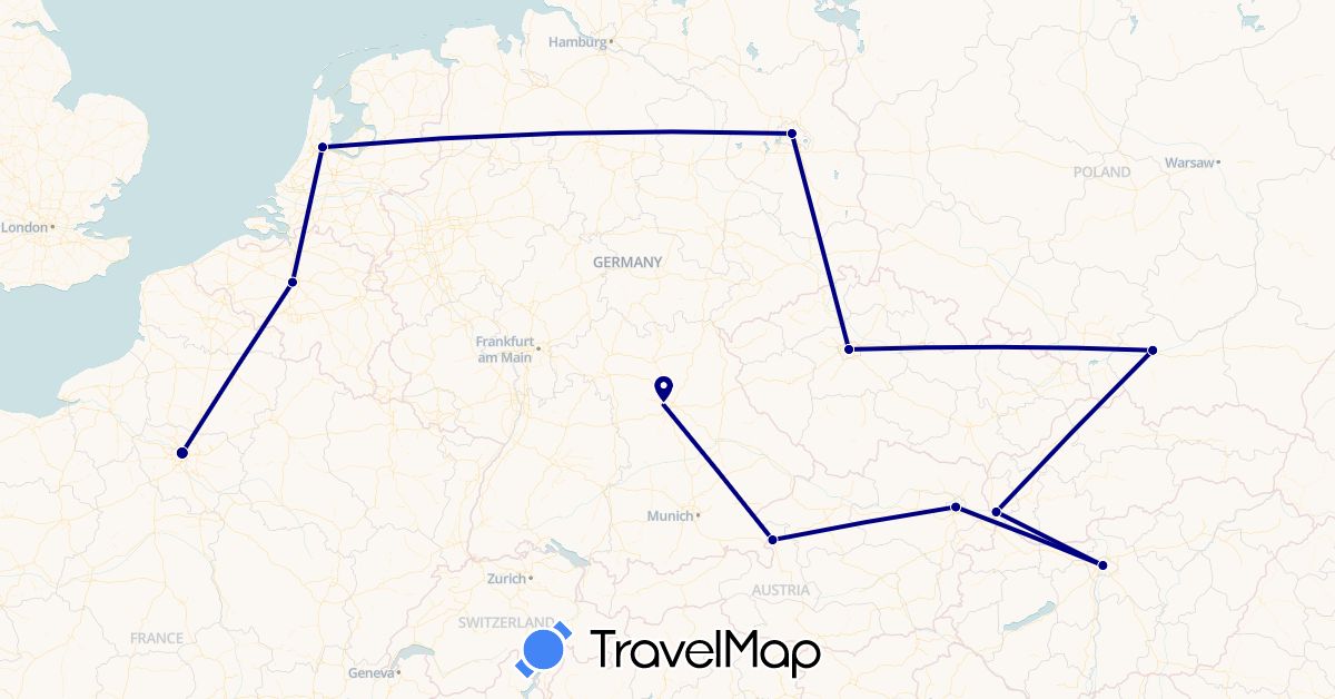 TravelMap itinerary: driving in Austria, Belgium, Czech Republic, Germany, France, Hungary, Netherlands, Poland, Slovakia (Europe)